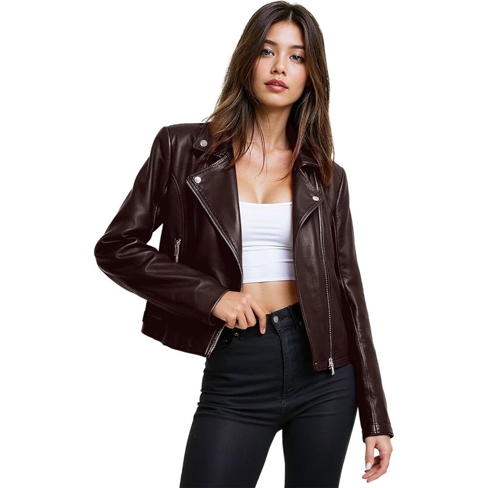 Women's Faux Leather Moto Biker Jacket Long Sleeves with pockets Brown Jk5208